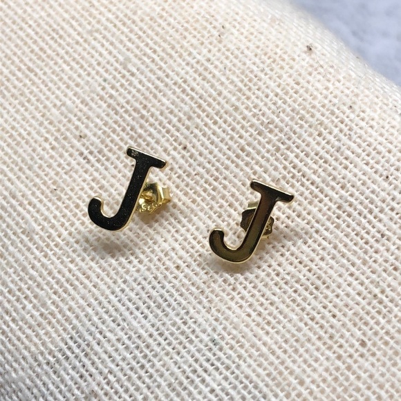 Gold over sterling 925 silver initial letter J post stud earrings makers mark GM - Picture 2 of 5